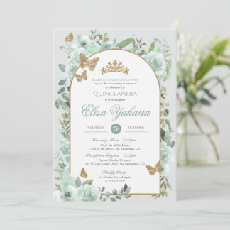 Mint Green Watercolor Golden Butterfly Quinceanera Invitation