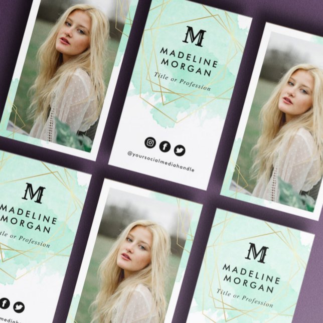 Mint Green Watercolor Social Media with Photo Business Card (Creator Uploaded)
