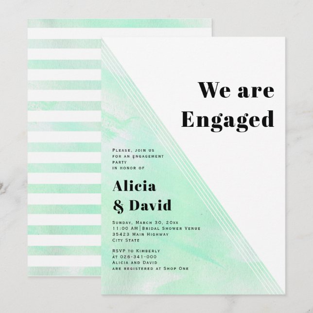Mint green watercolor stripes engagement party invitation (Front/Back)