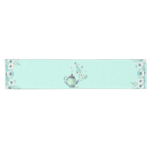 Mint Green Watercolor Teapot Flowers Short Table Runner