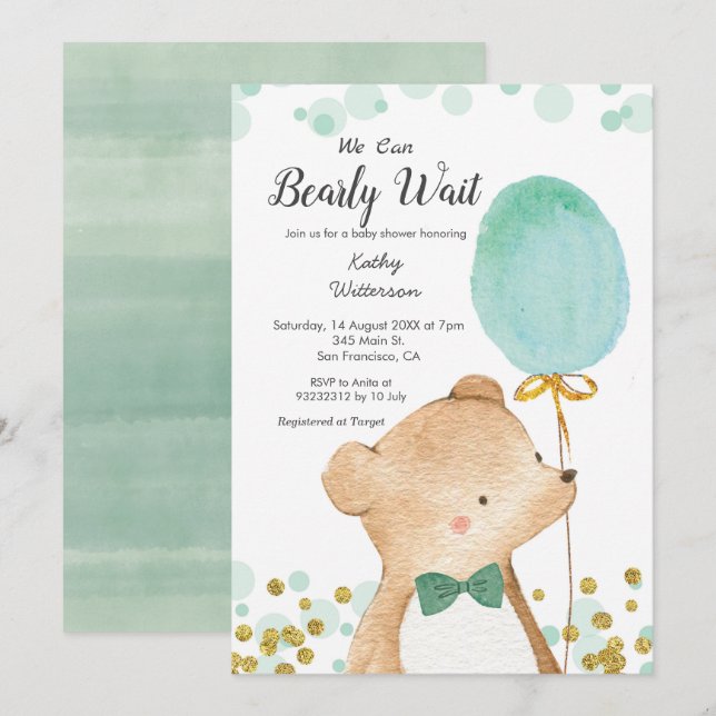 MInt Green We can bearly wait baby shower Invitation (Front/Back)