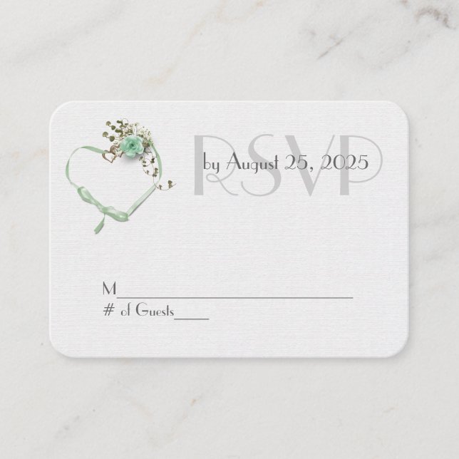 mint green wedding rose and ribbon heart RSVP Enclosure Card (Front)
