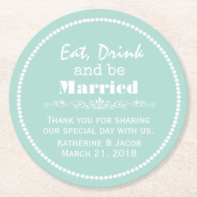 Mint Green Wedding Thank You Favour Paper Coaster (Front)