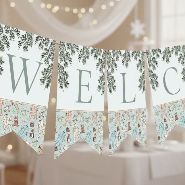 Mint Green Welcome Baby Winter Baby Shower Bunting (Winter Christmas Baby Shower Bunting Flags. Cute Baby Pajamas, Penguin, Teddy Bear, Reindeer & Pine)