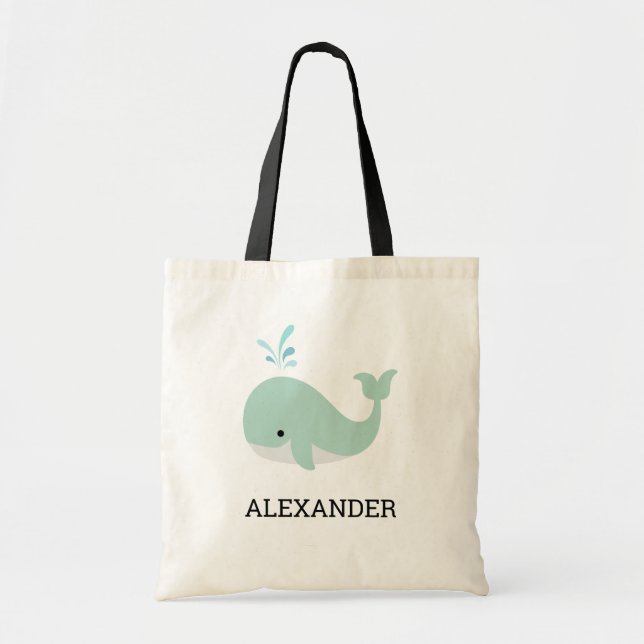Mint Green Whale Kids' Cute Personalised Tote Bag (Front)