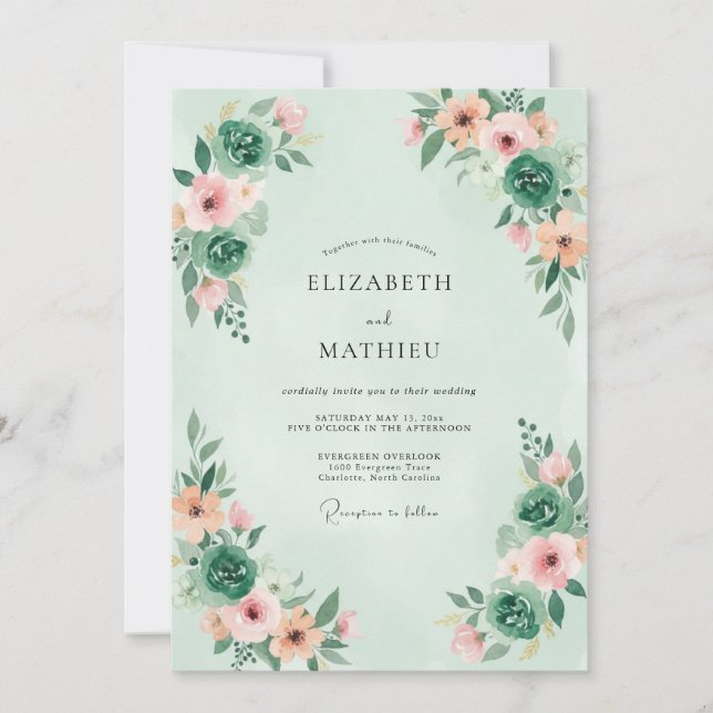 Mint Green Whimsical Nature Wedding Invitation (Front)