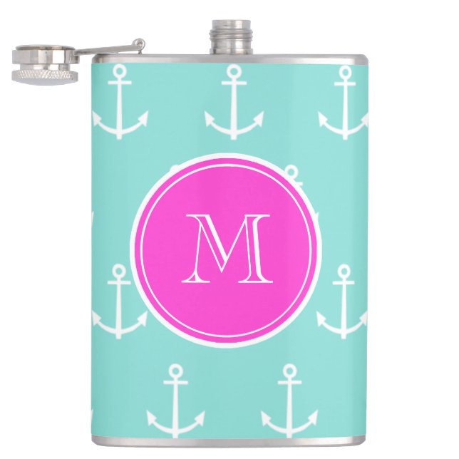 Mint Green White Anchors, Hot Pink Monogram Hip Flask (Opened)