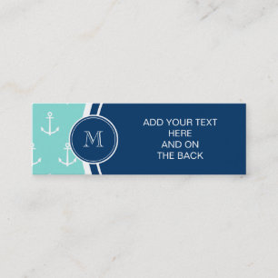 Mint Green White Anchors, Navy Blue Monogram Mini Business Card