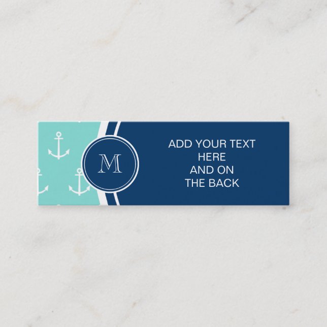 Mint Green White Anchors, Navy Blue Monogram Mini Business Card (Front)