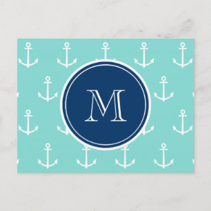 Mint Green White Anchors, Navy Blue Monogram Postcard