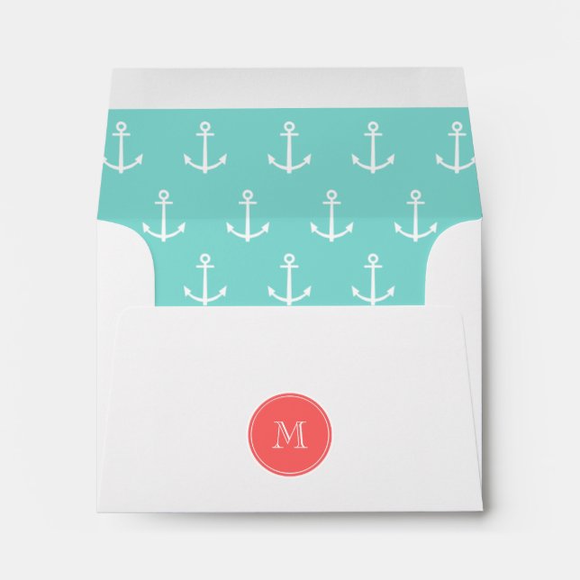 Mint Green White Anchors Pattern, Coral Monogram Envelopes (Back (Bottom))