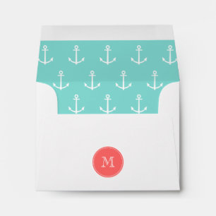 Mint Green White Anchors Pattern, Coral Monogram Envelopes