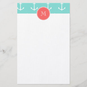 Mint Green White Anchors Pattern, Coral Monogram Stationery