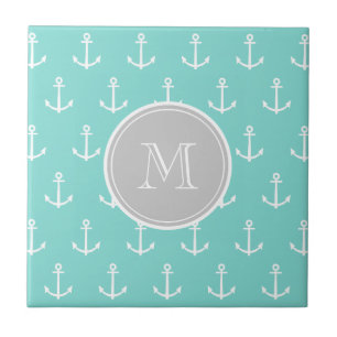 Mint Green White Anchors Pattern, Grey Monogram Tile