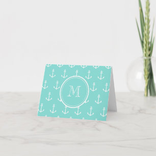 Mint Green White Anchors Pattern, Your Monogram Note Card