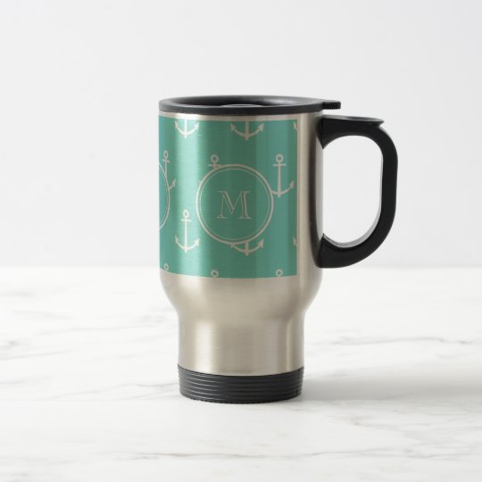 Mint Green White Anchors Pattern Your Monogram Travel Mug Zazzle Co Uk