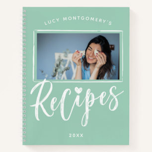 Mint Green White Brush Script Recipes Photo Notebook