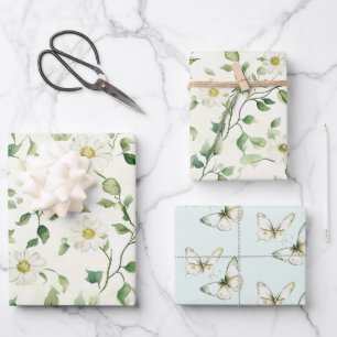Mint Green White Butterflies Birthday Wrapping Paper Sheet