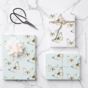 Mint Green White Butterflies Birthday Wrapping Paper Sheet
