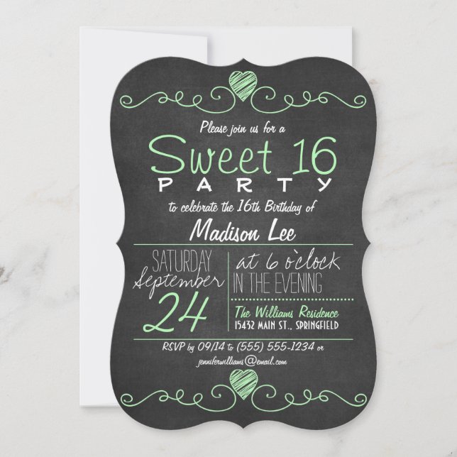Mint Green, White Chalkboard Rustic Sweet 16 Party Invitation (Front)