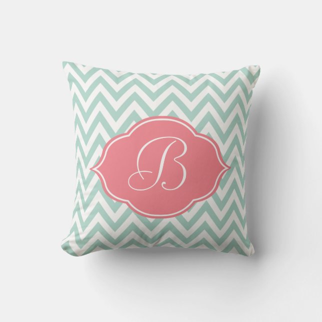 Mint Green White Chevron Light Pink Monogram Cushion (Front)