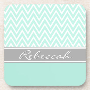 Mint Green White Chevron Zigzag Pattern Grey Name Coaster