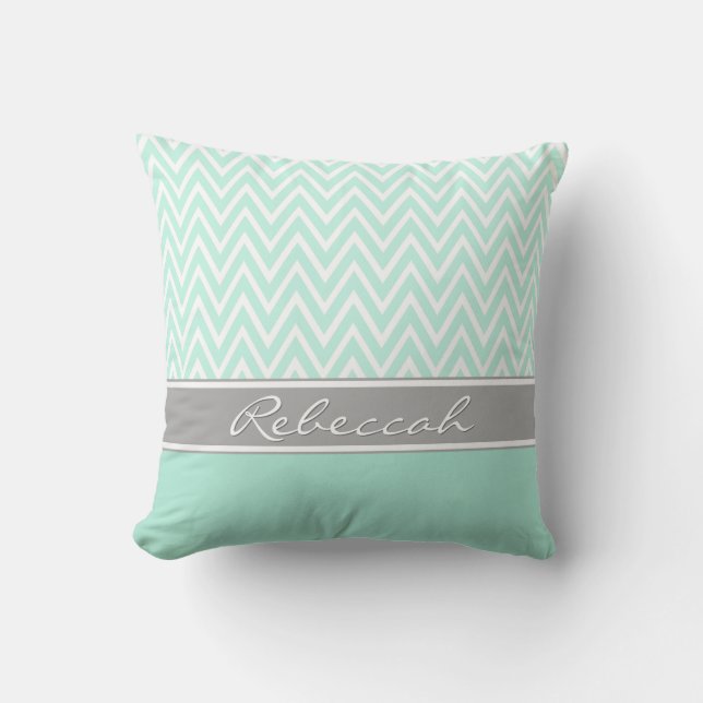 Mint Green White Chevron Zigzag Pattern Grey Name Cushion (Front)