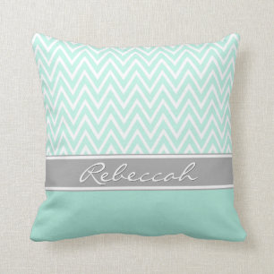 Mint Green White Chevron Zigzag Pattern Grey Name Cushion