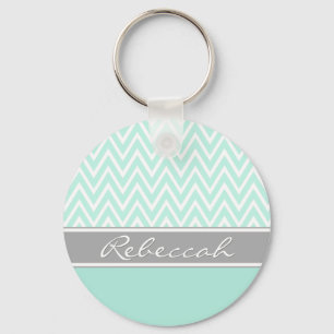 Mint Green White Chevron Zigzag Pattern Grey Name Key Ring