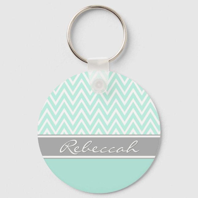 Mint Green White Chevron Zigzag Pattern Grey Name Key Ring (Front)