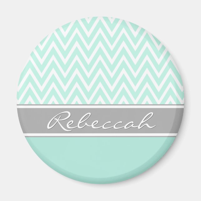 Mint Green White Chevron Zigzag Pattern Grey Name Magnet (Front)