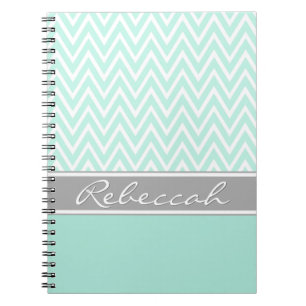Mint Green White Chevron Zigzag Pattern Grey Name Notebook