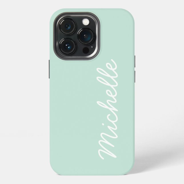 Mint Green & White Custom Cursive Name or Text iPhone Case (Back)
