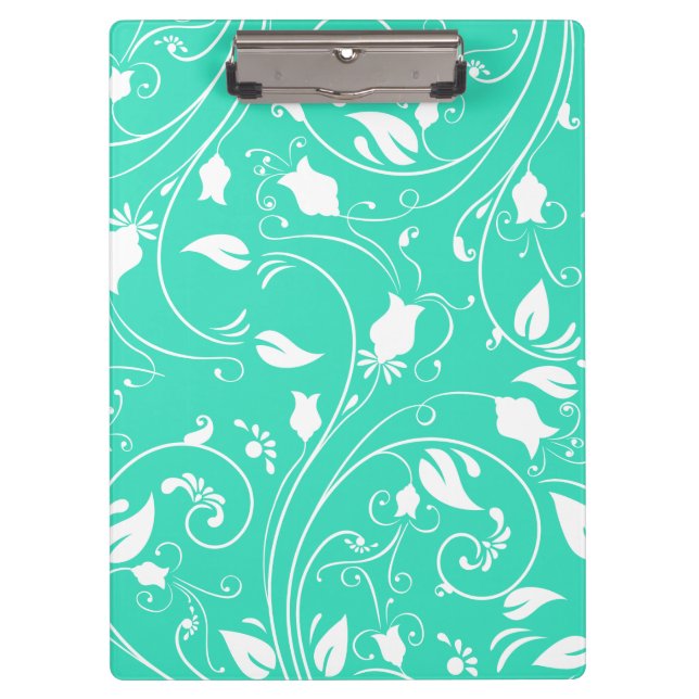 Mint Green, White Floral Swirls; Flowers Clipboard (Front)