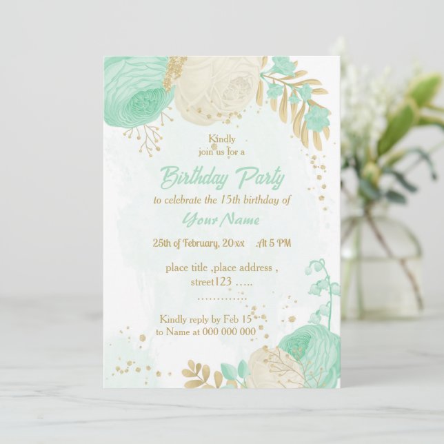 mint green white flowers gold floral birthday invitation (Standing Front)