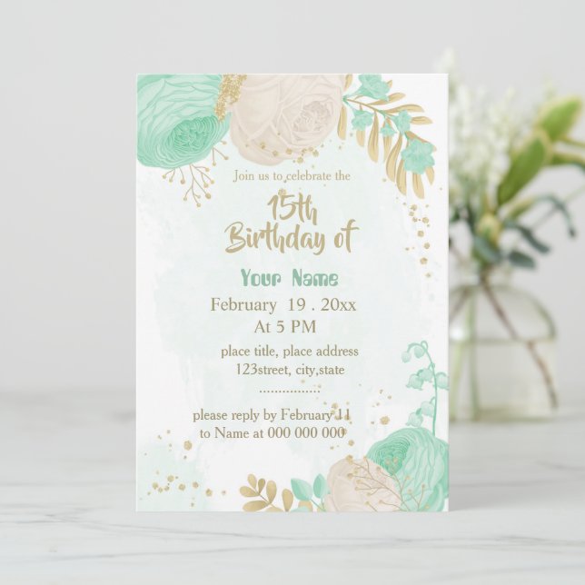 mint green white flowers gold floral birthday invitation (Standing Front)