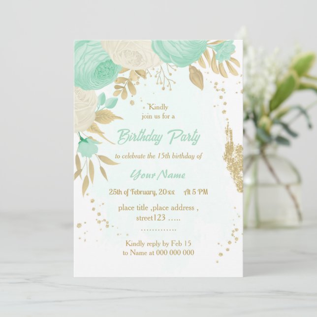 mint green white flowers gold floral birthday part invitation (Standing Front)