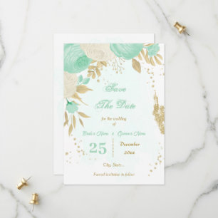 mint green white flowers gold floral  save the date