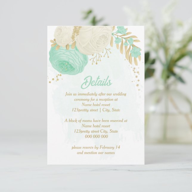 mint green white flowers gold floral wedding enclosure card (Standing Front)