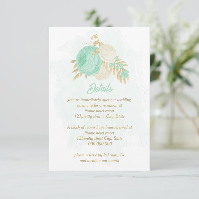 mint green white flowers gold floral wedding enclosure card (Standing Front)