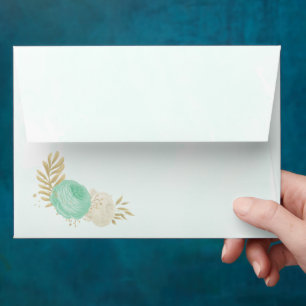 mint green &white flowers gold floral wedding envelope