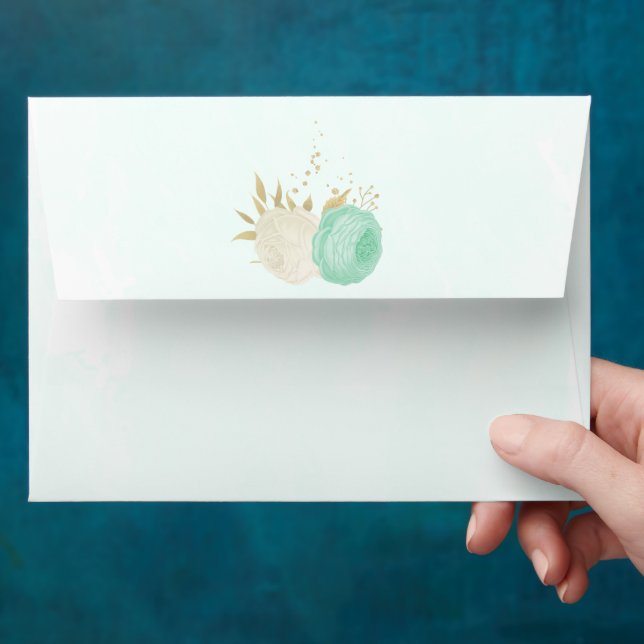 mint green &white flowers gold floral wedding envelope (Hand)