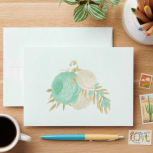 mint green &white flowers gold floral wedding envelope