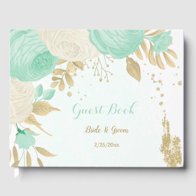 mint green &white flowers gold floral wedding guest book (Front)