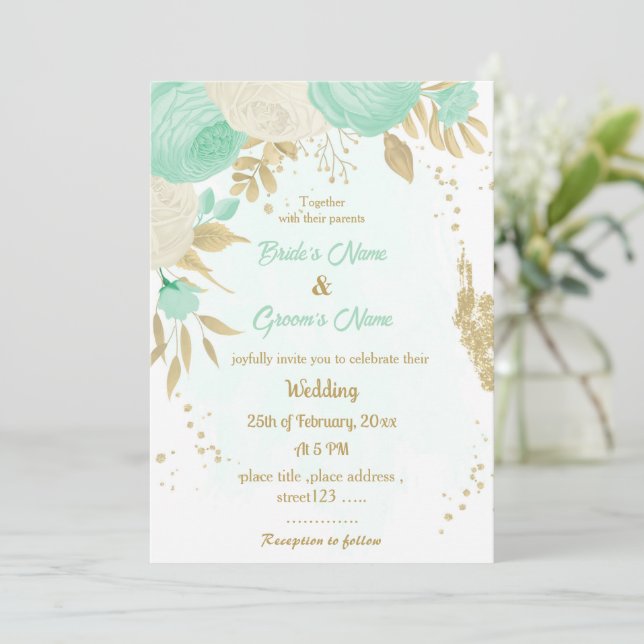 mint green &white flowers gold floral wedding invitation (Standing Front)