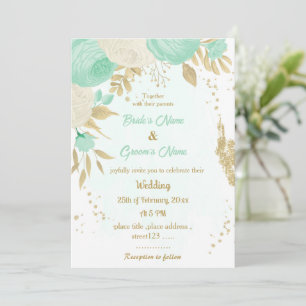 mint green &white flowers gold floral wedding invitation