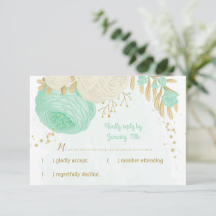 mint green white flowers gold floral wedding RSVP card