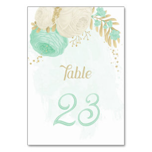 mint green &white flowers gold floral wedding tabl table number
