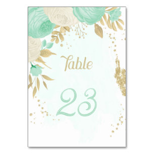 mint green &white flowers gold floral wedding table number