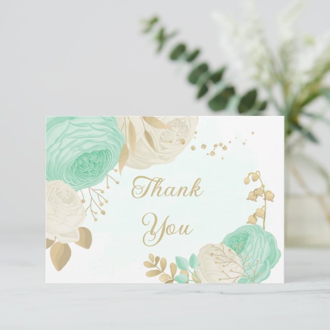 mint green &white flowers gold floral wedding thank you card (Standing Front)